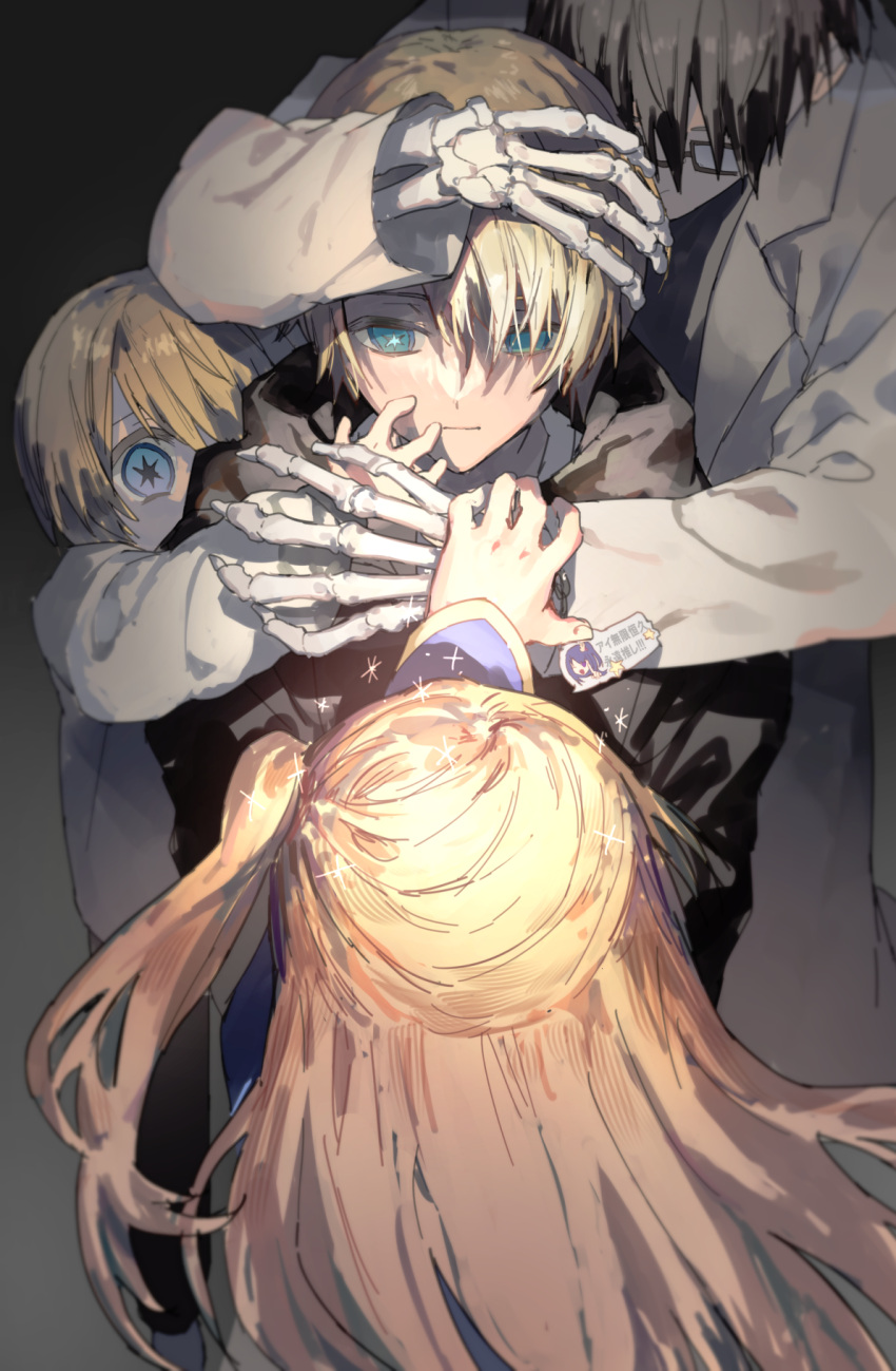 1girl, 3boys, age_progression, amamiya_gorou, black_hair, black_hoodie, blonde_hair, blue_eyes