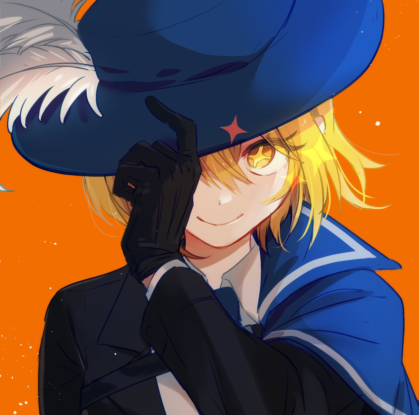 1girl, aki'z, black_gloves, black_jacket, blonde_hair, blue_cape, blue_headwear, blue_necktie, cape, cavalier_hat, closed_mouth, commentary, don_quixote_(limbus_company), gloves, hand_on_headwear, highres, jacket, limbus_company, looking_at_viewer, necktie, orange_background, plume, project_moon, shirt, short_hair, simple_background, solo, star-shaped_pupils, star_(symbol), symbol-shaped_pupils, white_shirt, yellow_eyes