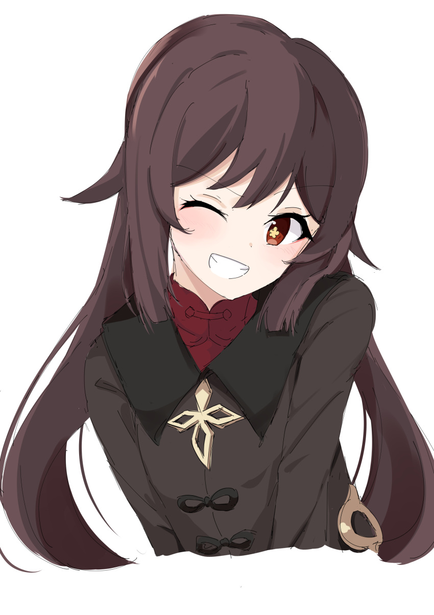 1girl, absurdres, black_jacket, brown_hair, commentary_request, cropped_torso, day_mello, genshin_impact