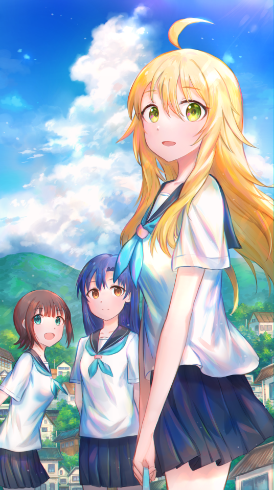 3girls, :d, ahoge, alternate_costume, amami_haruka, black_sailor_collar, black_skirt, blonde_hair