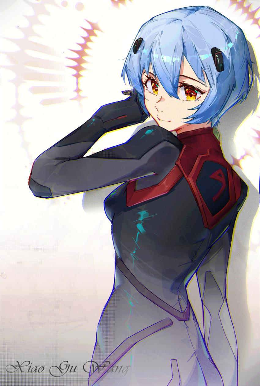 1girl, absurdres, artist_name, ayanami_rei, black_bodysuit, blue_hair, bodysuit, breasts, closed_mouth, from_side, gradient_bodysuit, grey_bodysuit, hair_between_eyes, headgear, highres, neon_genesis_evangelion, plugsuit, rebuild_of_evangelion, short_hair, small_breasts, smile, solo, standing, xiao_gu_wang, yellow_eyes