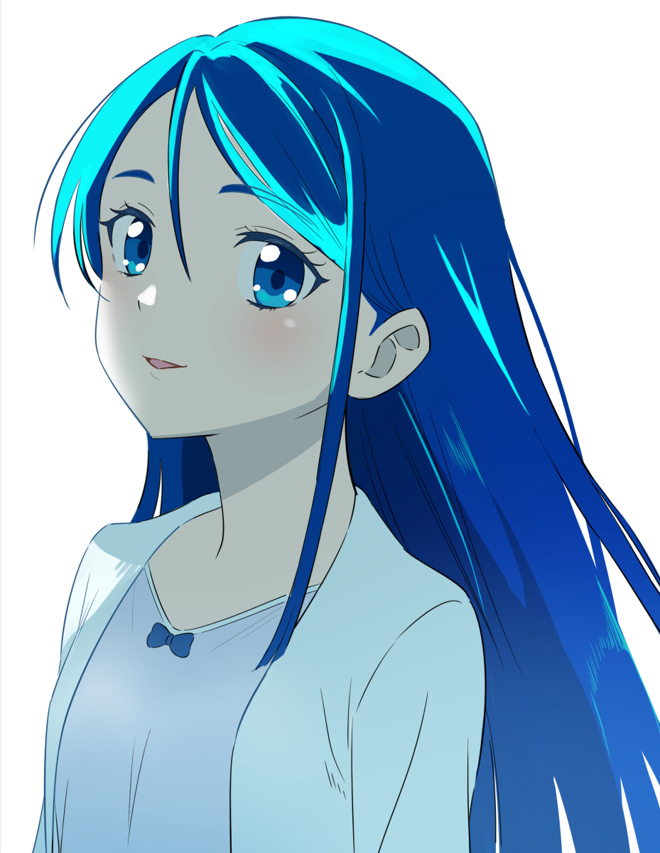 1girl, :d, blue_bow, blue_bowtie, blue_eyes, blue_hair, blue_shirt, bow