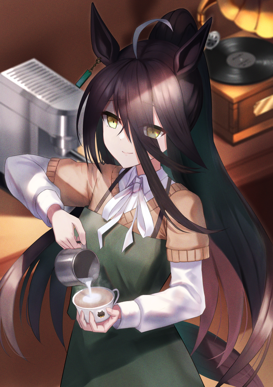 1girl, ahoge, alternate_costume, alternate_hairstyle, animal_ears, answering, black_hair, black_skirt