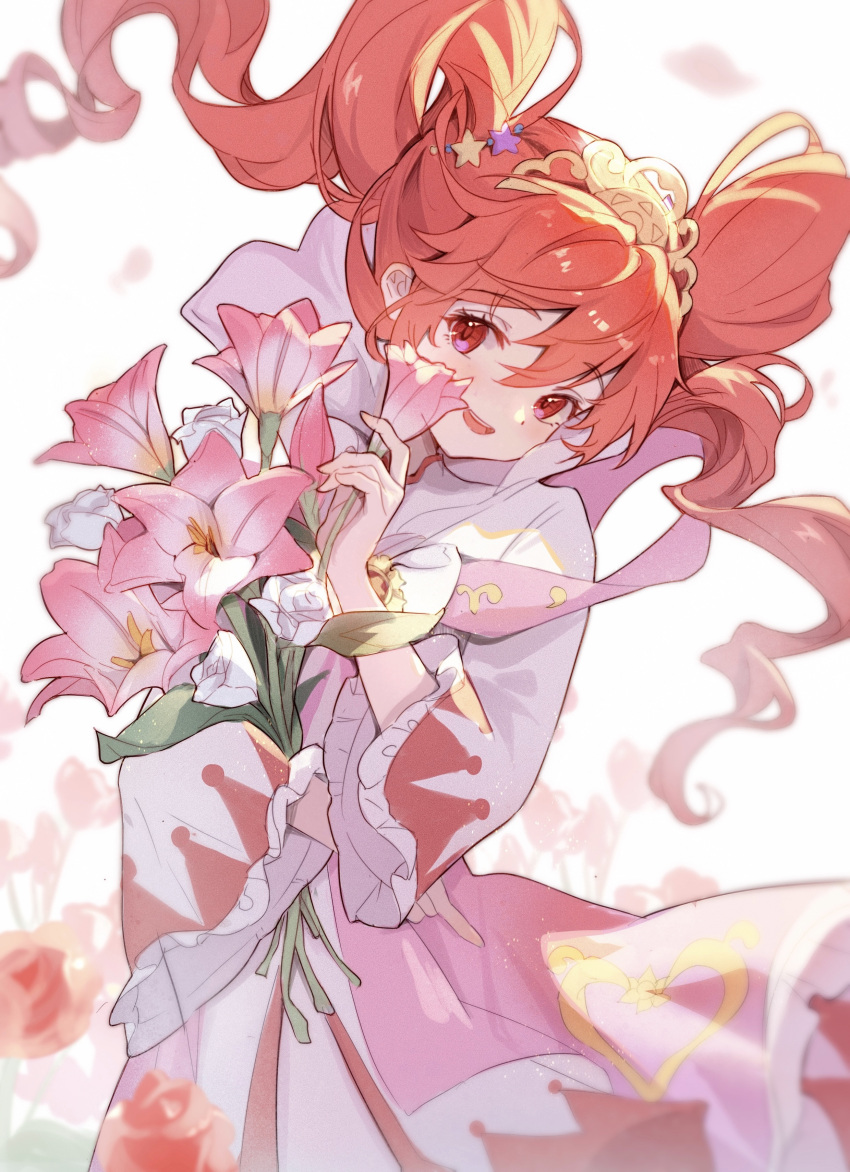 1girl, absurdres, bouquet, cloudyman, dress, field, fine_(futagohime), flower