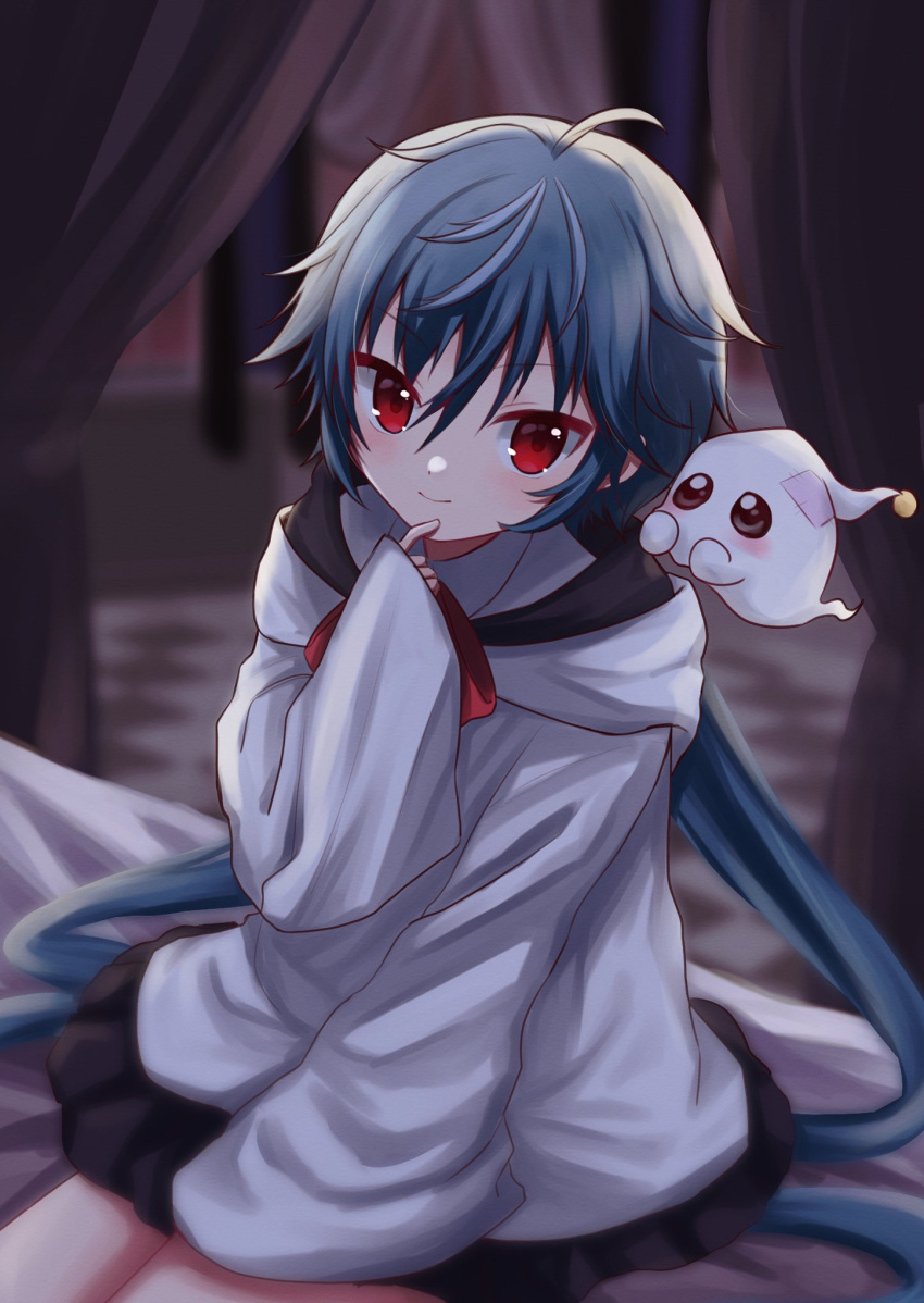 1girl, 1other, artist_request, black_skirt, blue_hair, finger_to_own_chin, ghost, highres