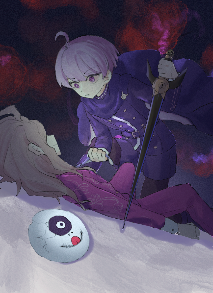 2boys, ahoge, beizi_(mskk_is_rio), belt, cape, closed_mouth, crack, holding