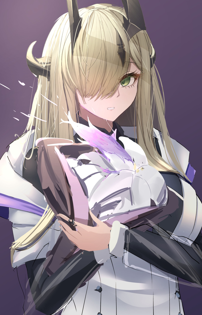 1girl, absurdres, arknights, black_shirt, black_thighhighs, blonde_hair, commentary, dragon_girl