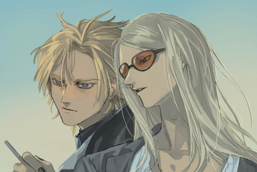 2boys, black_coat, black_jacket, black_nails, blonde_hair, cigarette, coat, daybit_sem_void