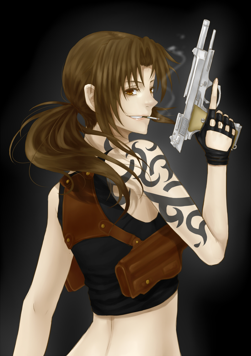 au, beretta_92, black_lagoon, brown_eyes, brown_hair, cigarette, fingerless_gloves, gloves
