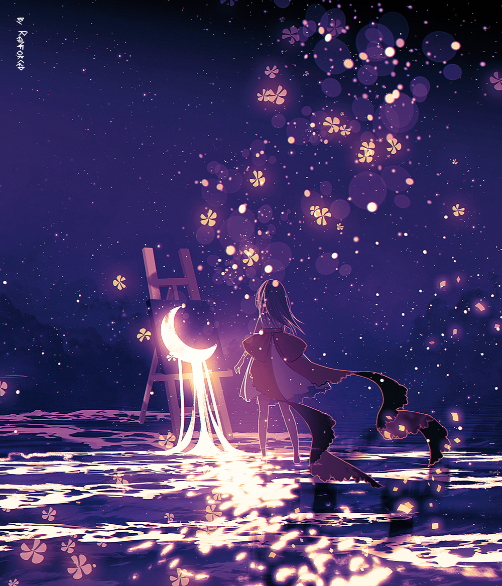 1girl, artist_name, back_bow, barefoot, bow, brown_hair, canvas_(object), crescent_moon, dress, easel, facing_away, floating, flower, from_behind, full_body, glowing, light_particles, long_hair, moon, night, night_sky, original, outdoors, red_bow, reflection, reinforced, scenery, shadow, sky, sleeveless, sleeveless_dress, solo, standing, star_(sky), starry_sky, white_dress, wide_shot