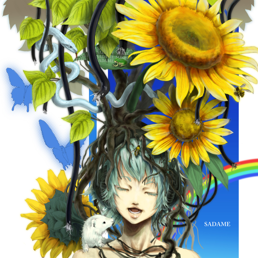 absurdres, alternate_hair_length, alternate_hairstyle, aqua_hair, bee, cable, flower, frog, hatsune_miku, highres, open_mouth, pop-req, short_hair, singing, smile, snake, solo, sunflower, vocaloid, weasel