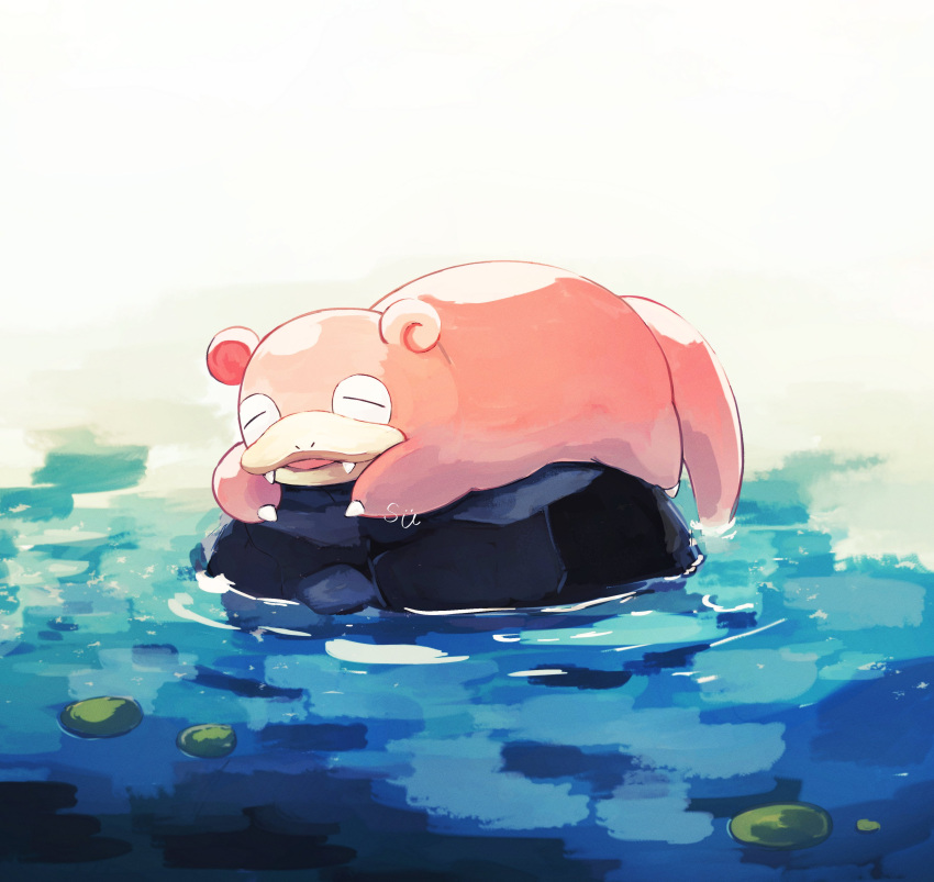 absurdres, highres, initial, lily_pad, lying, no_humans, on_stomach, open_mouth