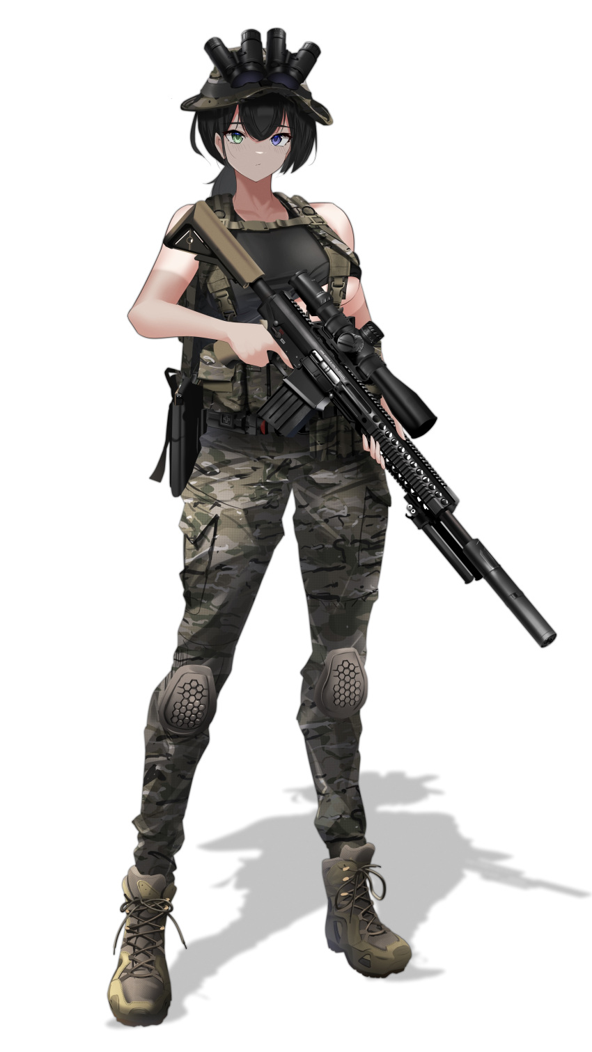 1girl, absurdres, assault_rifle, black_hair, boots, breasts, camouflage, camouflage_pants