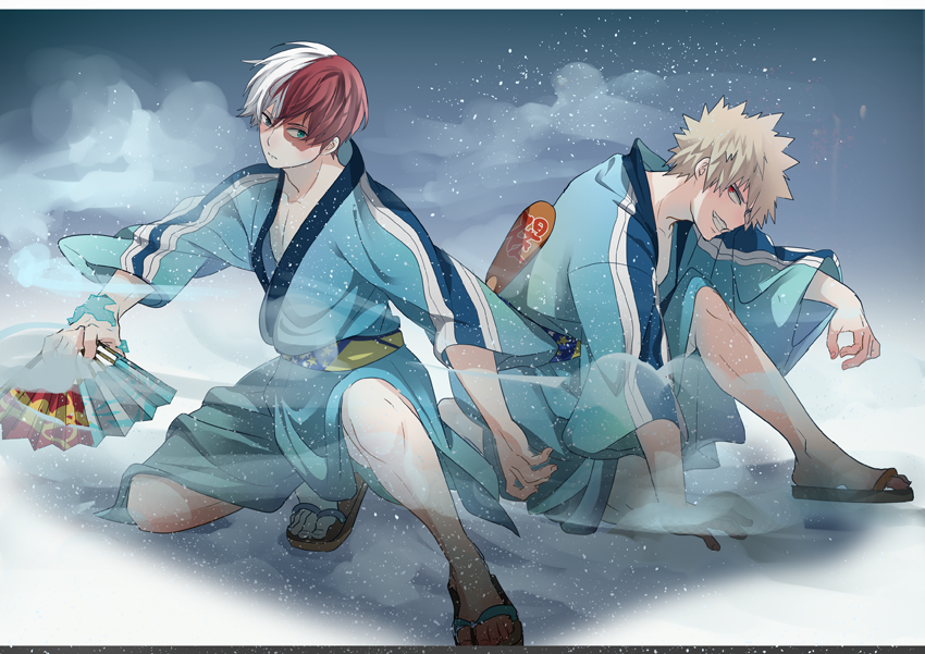 2boys, 5_(toriaezu555), arm_support, bakugou_katsuki, blonde_hair, blue_background, blue_eyes, blue_kimono, boku_no_hero_academia, burn_scar, closed_mouth, collarbone, commentary_request, expressionless, feet, folding_fan, grey_eyes, grin, hair_between_eyes, hand_fan, heterochromia, holding, holding_fan, japanese_clothes, kimono, knee_up, kneeling, letterboxed, looking_at_viewer, male_focus, multicolored_hair, multiple_boys, obi, on_one_knee, red_eyes, redhead, sandals, sash, scar, scar_on_face, short_hair, sleeves_past_elbows, smile, spiky_hair, split-color_hair, star_(symbol), star_print, steam, teeth, todoroki_shouto, toes, two-tone_hair, v-shaped_eyebrows, white_hair, wide_sleeves