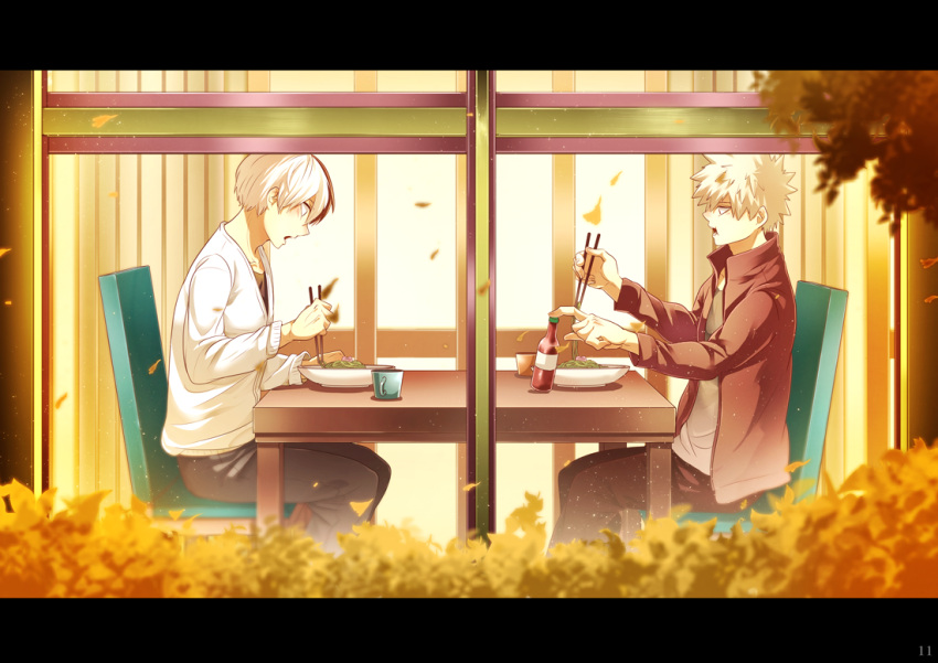 2boys, 5_(toriaezu555), bakugou_katsuki, black_pants, blonde_hair, blurry, blurry_foreground, boku_no_hero_academia