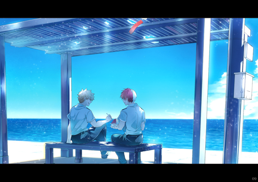 2boys, 5_(toriaezu555), bakugou_katsuki, bench, black_footwear, black_pants, blonde_hair, blue_necktie