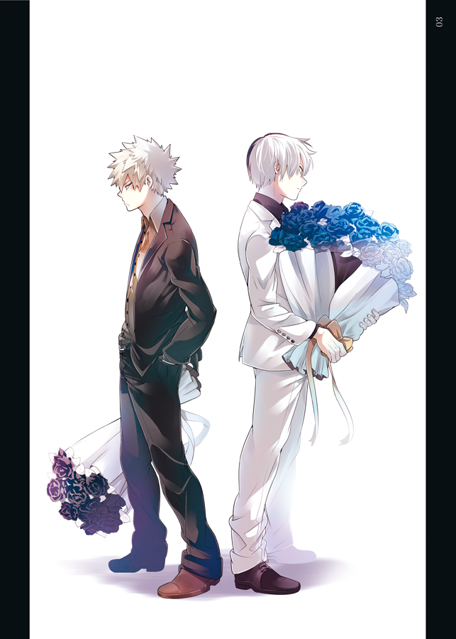 2boys, 5_(toriaezu555), back-to-back, bakugou_katsuki, black_flower, black_jacket, black_pants, black_rose