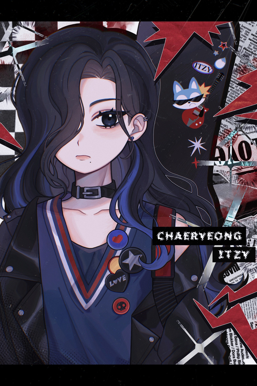 1girl, absurdres, black_collar, black_hair, black_jacket, blue_hair, blue_shirt, chaeryeong_(itzy), chung-ee_(itzy), collar, collarbone, copyright_name, earrings, frown, hair_behind_ear, highres, itzy, jacket, jewelry, k-pop, letterboxed, looking_at_viewer, mole, mole_under_mouth, multicolored_hair, o_bianyi_didi_shu_o, off_shoulder, real_life, shirt, sleeveless, sleeveless_shirt, solo, streaked_hair