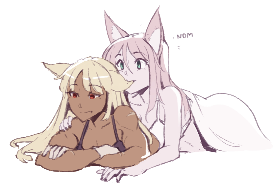 2girls, animal_ears, biting, blonde_hair, cat_ears, cat_girl, collarbone, colored_skin