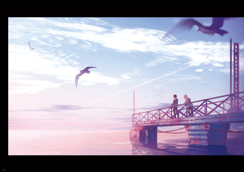 2boys, 5_(toriaezu555), against_railing, bakugou_katsuki, bird, black_pants, blonde_hair, boku_no_hero_academia