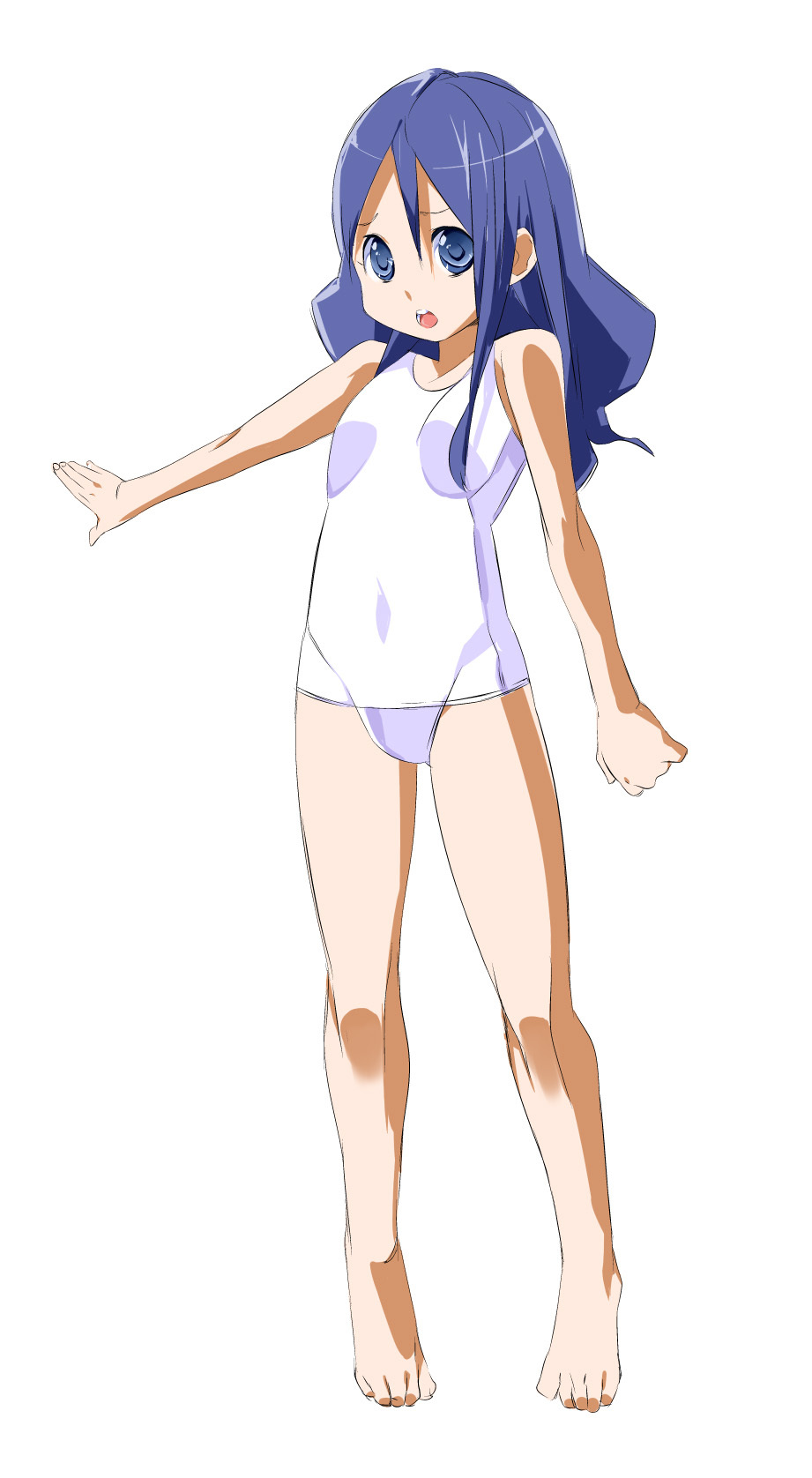 blue_eyes, blue_hair, feet, heartcatch_precure!, highres, kurumi_erika, long_hair, ogamin, one-piece_swimsuit, precure, school_swimsuit, solo, swimsuit, white_school_swimsuit