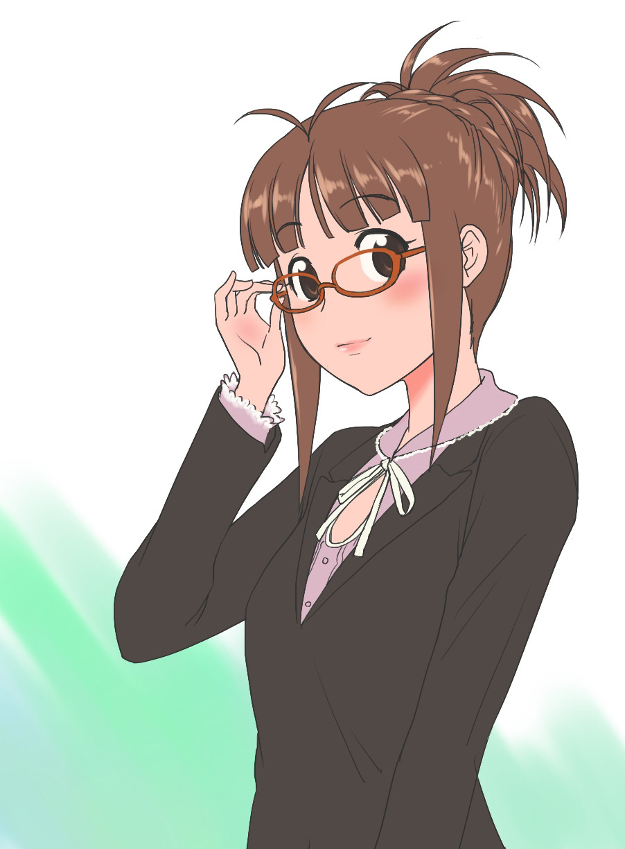 akizuki_ritsuko, brown_hair, glasses, highres, idolmaster, idolmaster_2, oofuji_wataru, solo