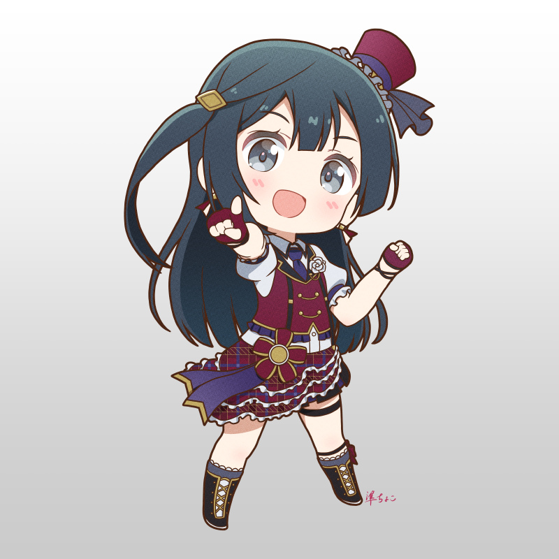 1girl, black_hair, blush, chase!_(love_live!), chibi, commentary, earrings, fingerless_gloves