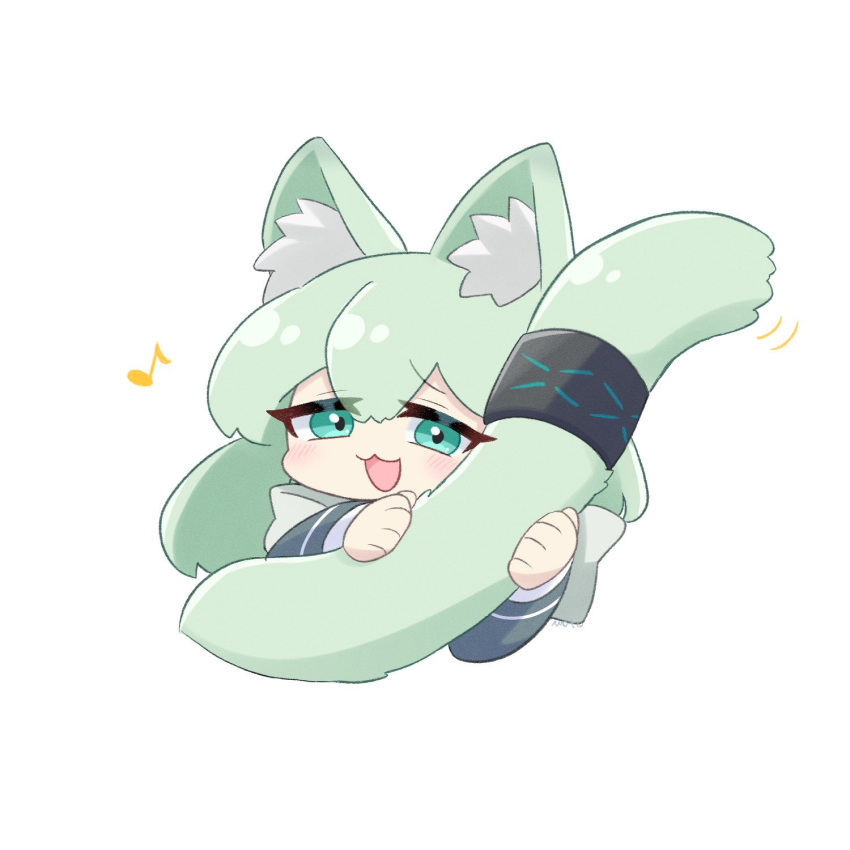 1girl, :d, animal_ear_fluff, arknights, black_jacket, blush, chibi, commentary_request