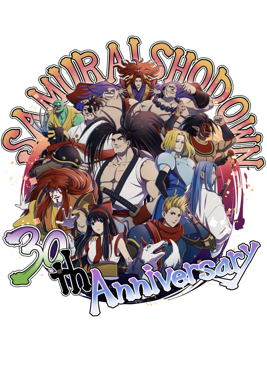 2girls, 6+boys, absurdres, ainu_clothes, amakusa_shirou_tokisada_(samurai_spirits), anniversary, bird, bow