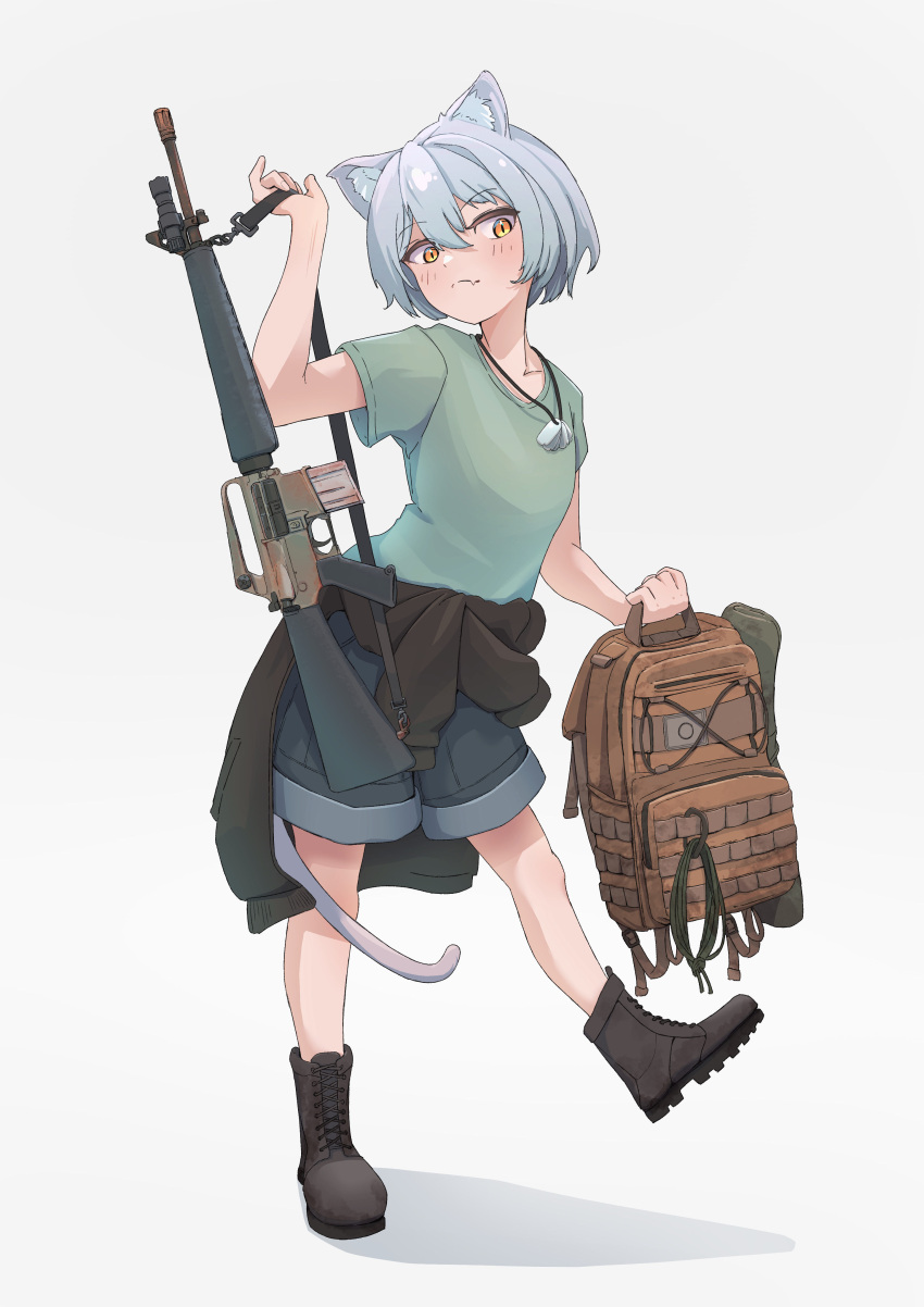 1girl, absurdres, animal_ears, assault_rifle, backpack, bag, black_jacket, boots