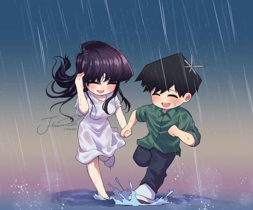 1boy, 1girl, absurdres, artist_name, black_hair, black_pants, dress, gradient_background