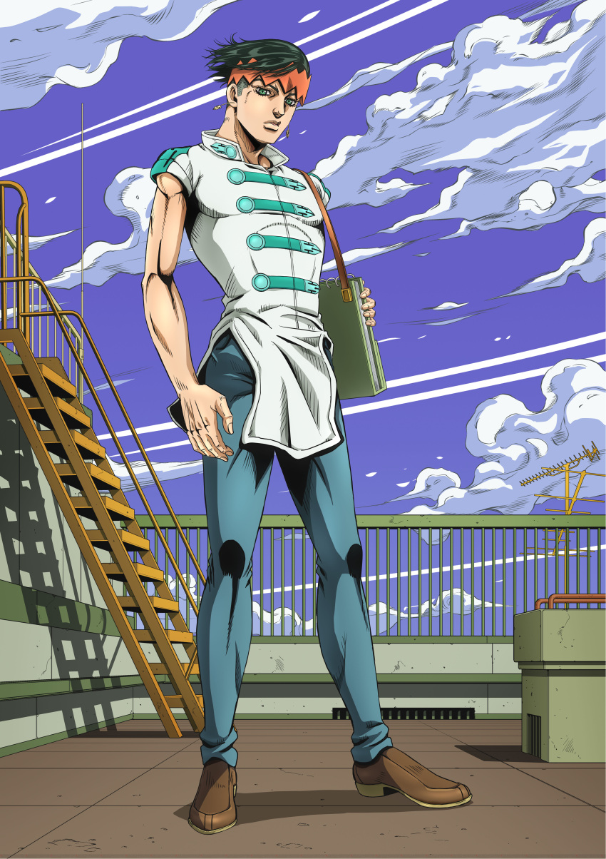 1boy, absurdres, aqua_eyes, black_hair, blue_sky, clouds, collaboration, commentary_request