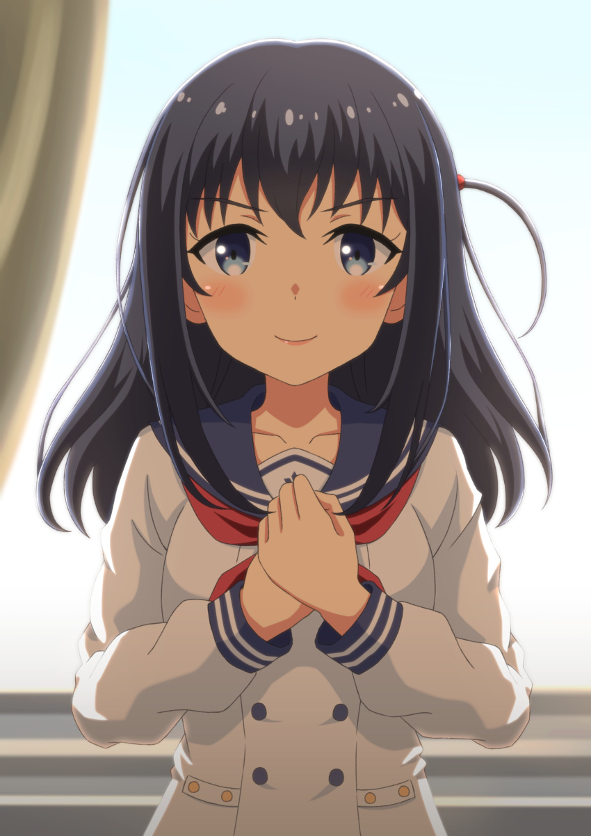 1girl, absurdres, black_hair, blue_eyes, blue_sailor_collar, blush, breasts, buttons