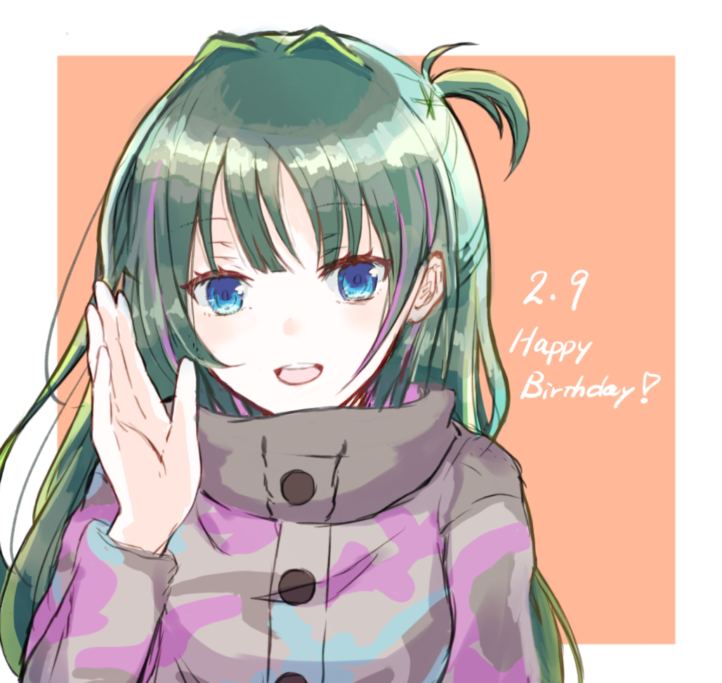 :d, blue_eyes, border, camouflage, camouflage_jacket, green_hair, grey_jacket, hand_up, happy_birthday, idoly_pride, jacket, komiyama_ai, long_hair, long_sleeves, looking_at_viewer, multicolored_hair, one_side_up, open_hand, open_mouth, orange_background, outside_border, pink_hair, sakaki_ip, simple_background, smile, straight-on, straight_hair, streaked_hair, upper_body, white_border