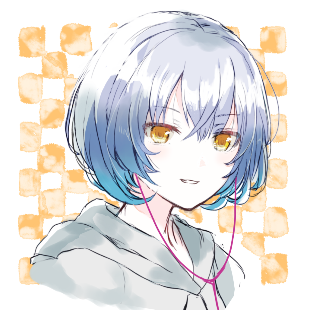 1girl, blue_hair, checkered_background, commentary_request, cropped_torso, earphones, earphones, gradient_hair