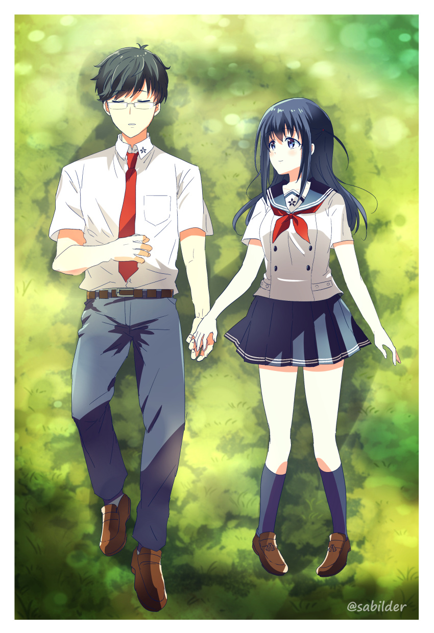 absurdres, belt, black_hair, black_sailor_collar, black_skirt, black_socks, blue_eyes, blue_pants