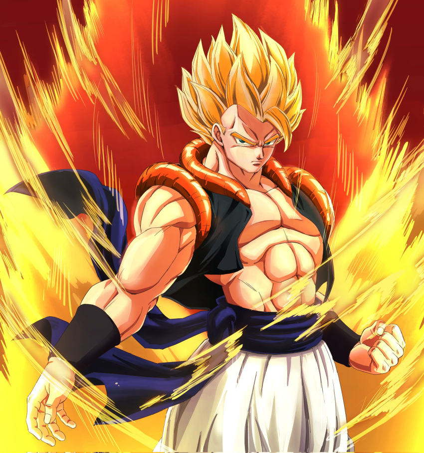 1boy, abs, aura, baggy_pants, blonde_hair, clenched_hand, commentary_request, dragon_ball