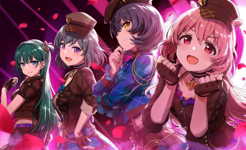 4girls, absurdres, akazaki_kokoro, ayano_yuu_(sonma_1426), beret, blue_eyes, blue_shirt, blush