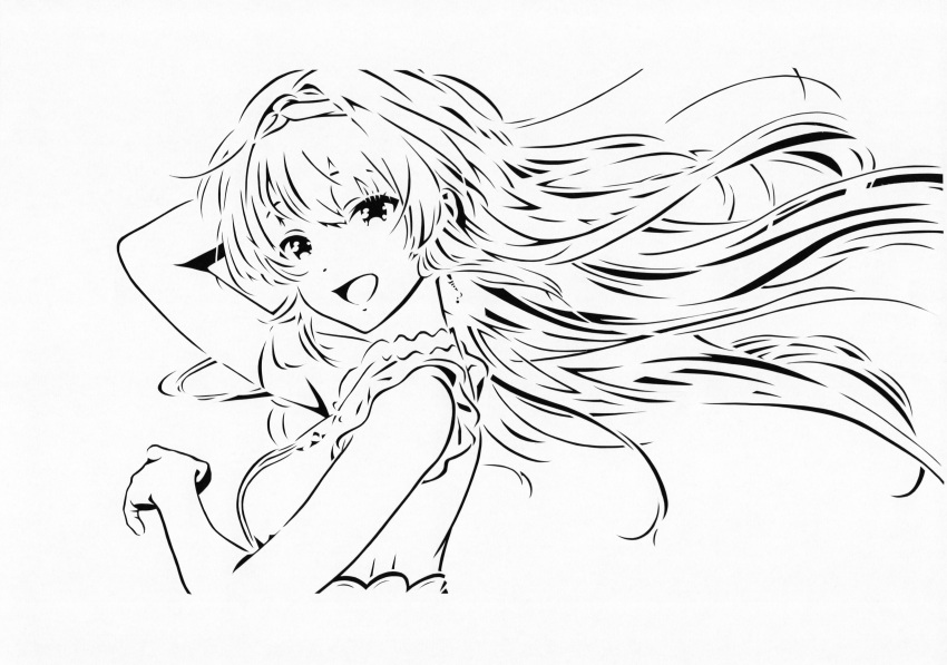 1girl, :d, absurdres, breasts, cropped_torso, dot_nose, eyebrows_hidden_by_hair, floating_hair