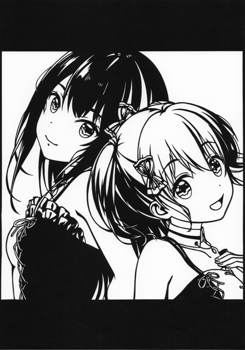 2girls, absurdres, back-to-back, bare_shoulders, bow, closed_mouth, collarbone, dot_nose