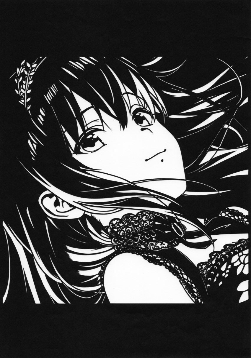 1girl, absurdres, arm_at_side, close-up, closed_mouth, dress, dutch_angle, floating_hair