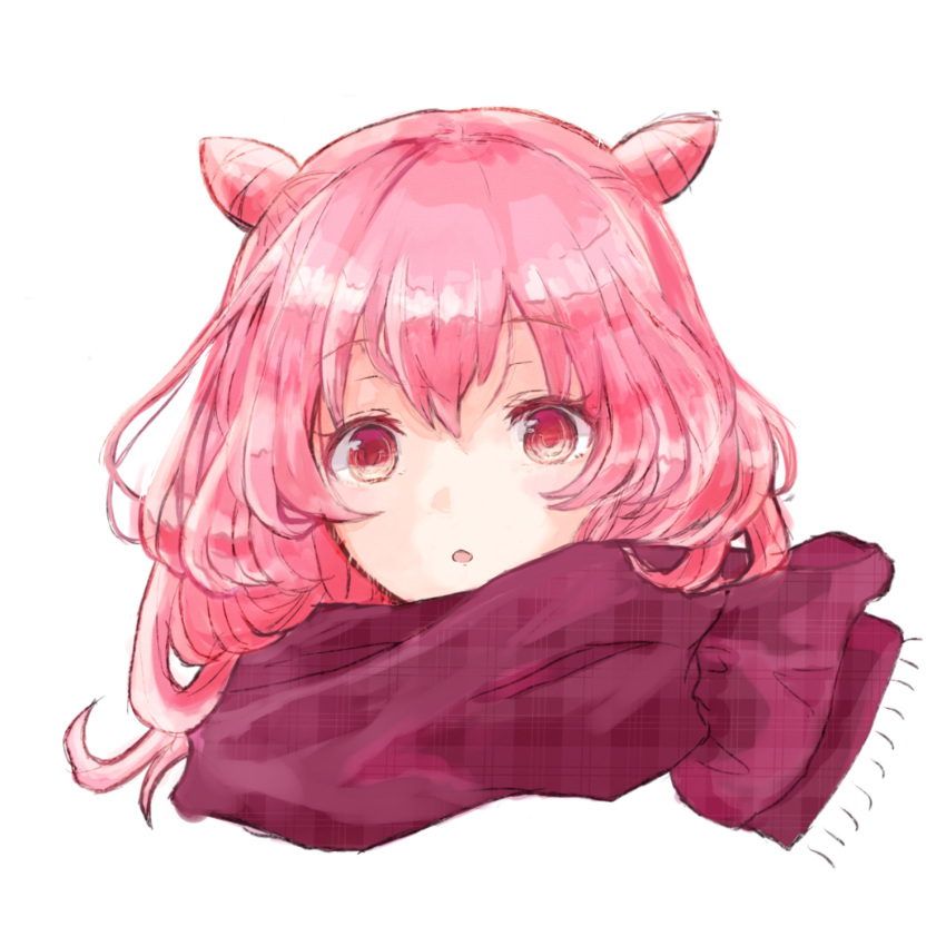 1girl, :o, akazaki_kokoro, blush, cropped_head, double_bun, hair_between_eyes, hair_bun