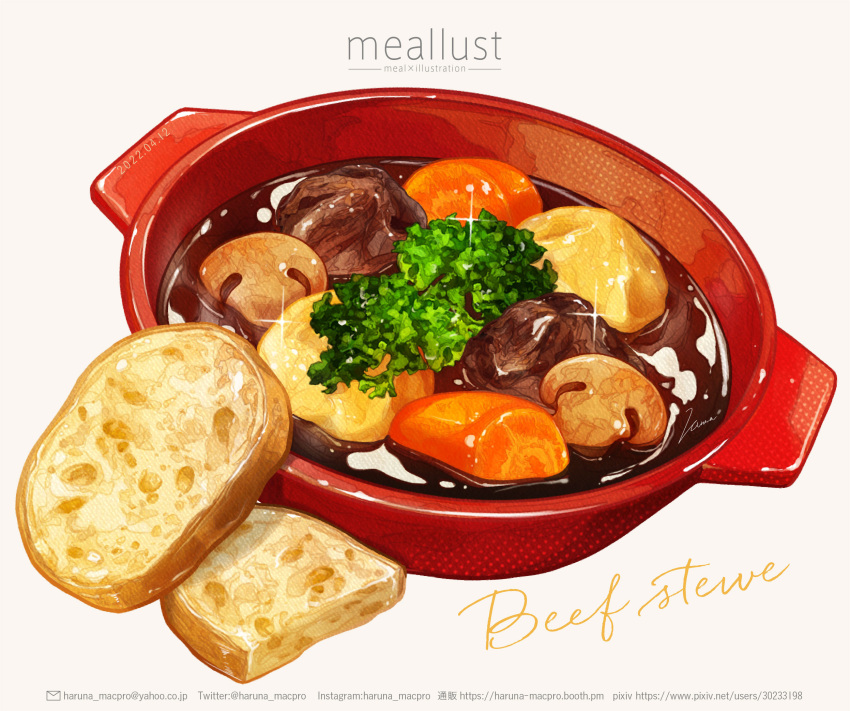 artist_name, beef, bowl, bread, carrot, english_text, food, food_focus, haruna_macpro, highres, meat, mushroom, original, parsley, potato, sparkle, stew, web_address