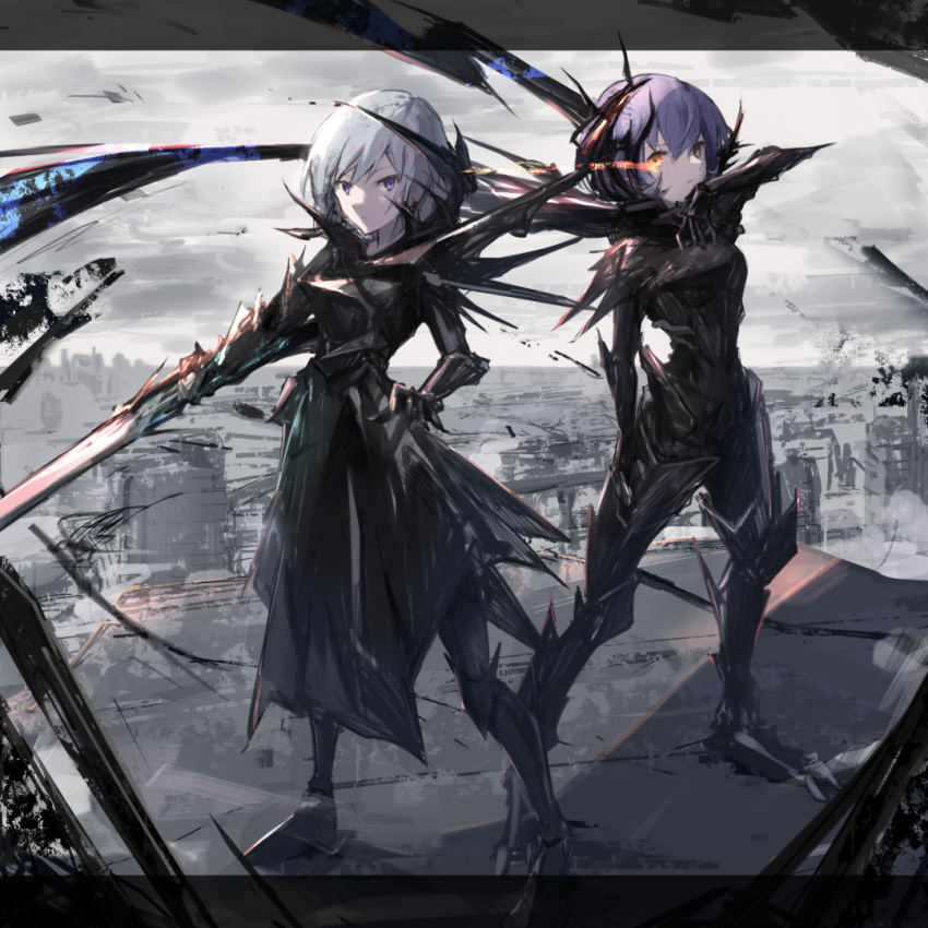 2girls, arm_up, armor, commentary, day, english_commentary, expressionless, flaming_eye