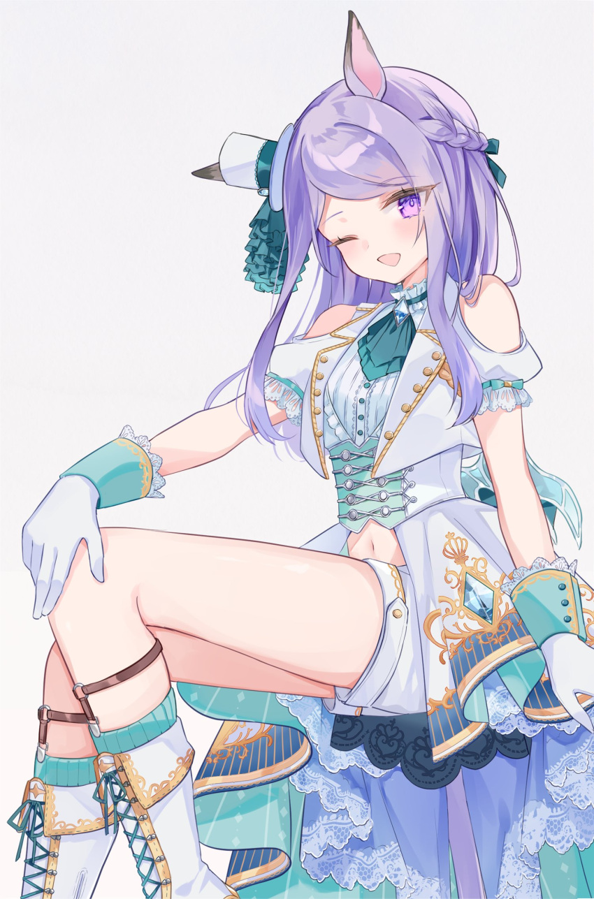 1girl, ;d, animal_ears, brand-new_friend_(umamusume), clothing_cutout, gloves, grey_background, hat