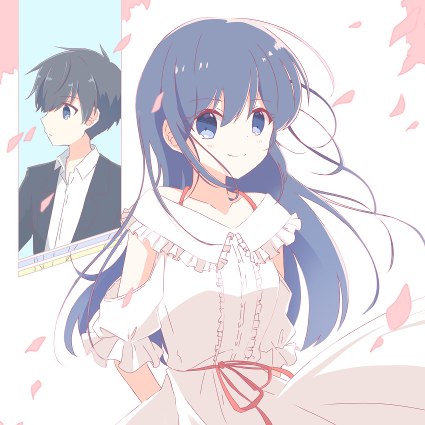 1boy, 1girl, absurdres, arm_cutout, arms_behind_back, black_hair, black_jacket, blazer