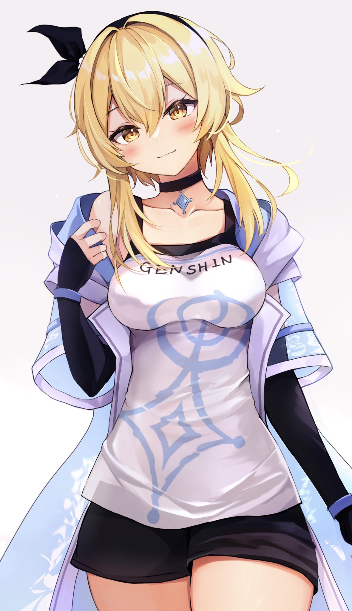 1girl, black_choker, black_hairband, black_shorts, black_sleeves, blonde_hair, blush, breasts