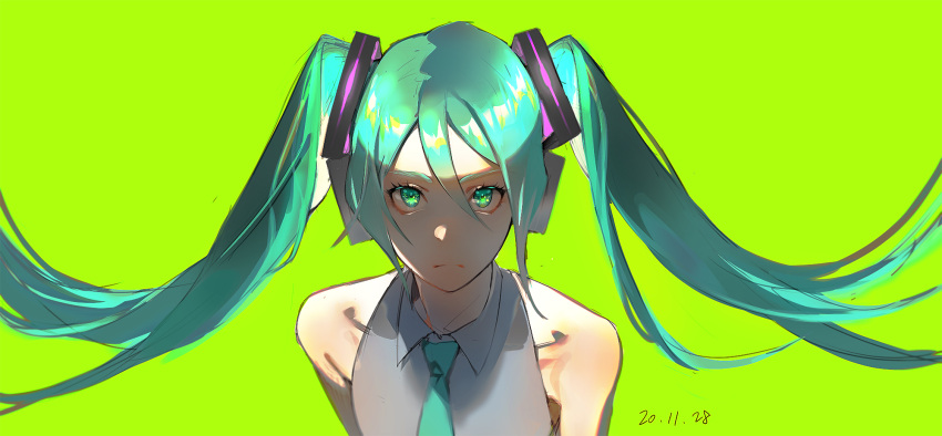 1girl, aqua_eyes, aqua_hair, aqua_necktie, bare_shoulders, closed_mouth, coldbrew, collared_shirt