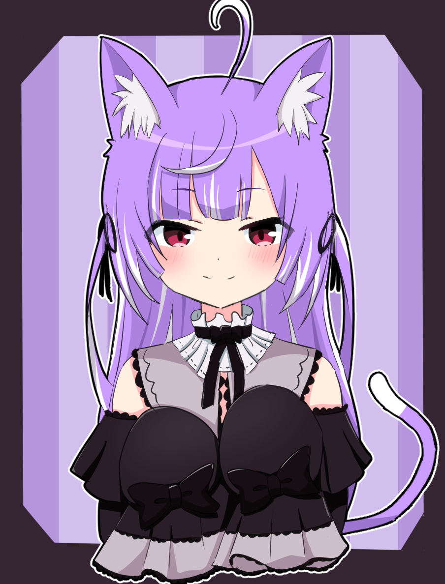 1girl, ahoge, animal_ear_fluff, animal_ears, black_bow, black_bowtie, black_dress, black_ribbon