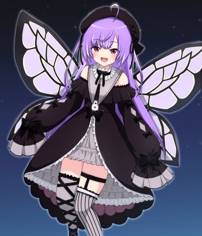 1girl, :d, ahoge, asymmetrical_legwear, beret, black_bow, black_bowtie, black_dress